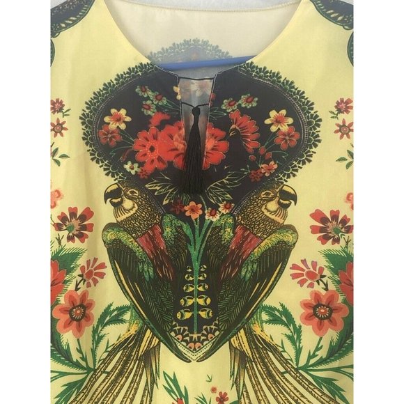 Womens Tunic Top Yellow Red Floral Parrots Long Sl - Picture 8 of 11